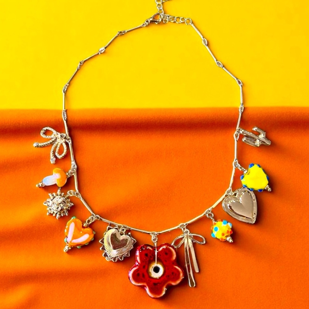Vibrant Gold Toned Autumn inspired charm necklace Glass Ceramic Enamel charms